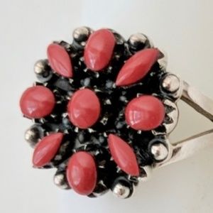 ring 8 red sterling silver coral stone Zuni style